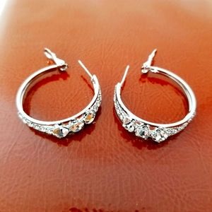 Rhinestones Women's Hoops. 14K White Gold Plated. New